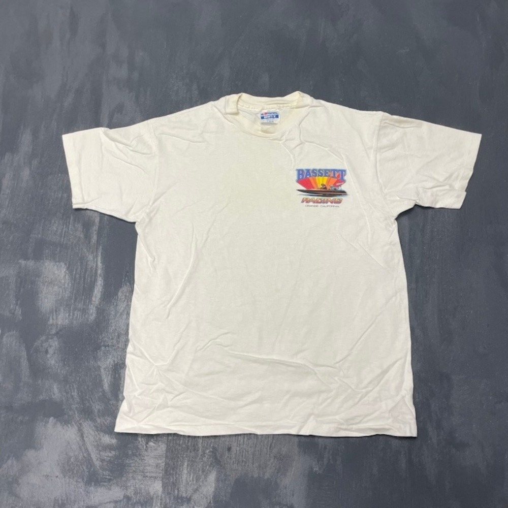 Vintage Bassett Racing Graphic T Shirt Men Large White 90s Hanes